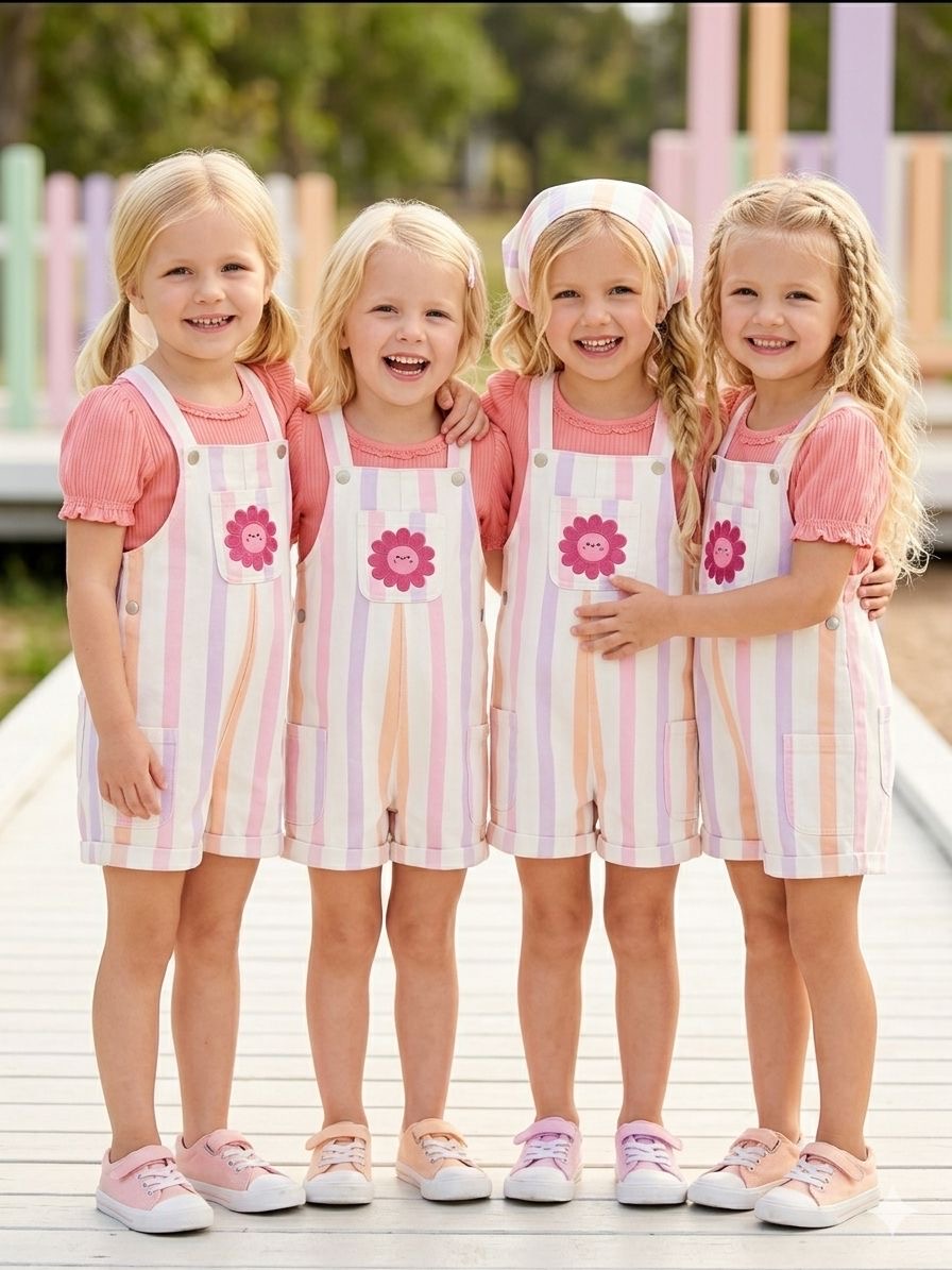 Mix & Match Pink Ribbed Top & Pastel Stripe Overalls