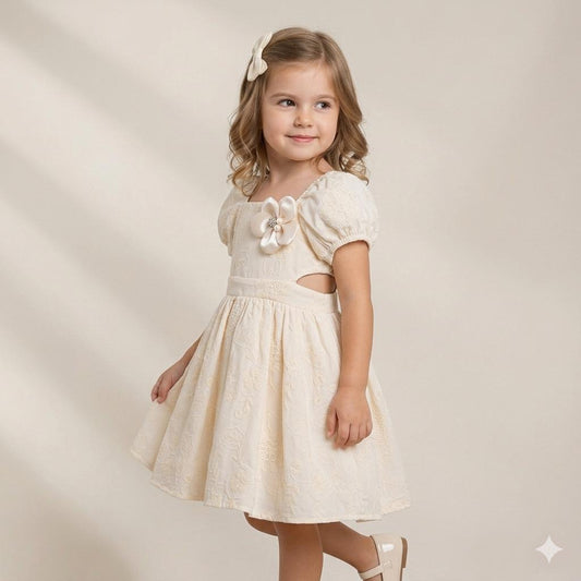 Girls Ivory Embroidered Puff Sleeve Dress