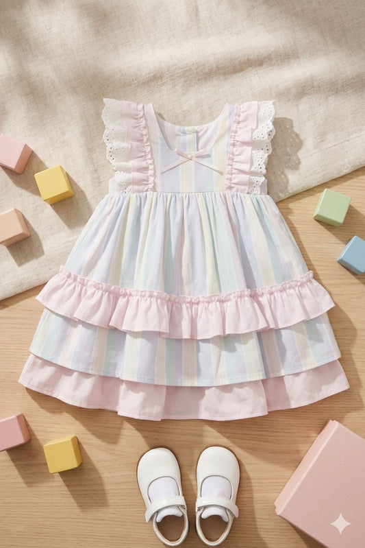 Girls Pastel Rainbow Tiered Ruffle Dress
