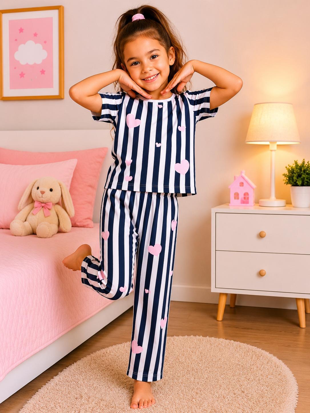 Girls Stripped Heart Pajamas |4Y - 8Y|