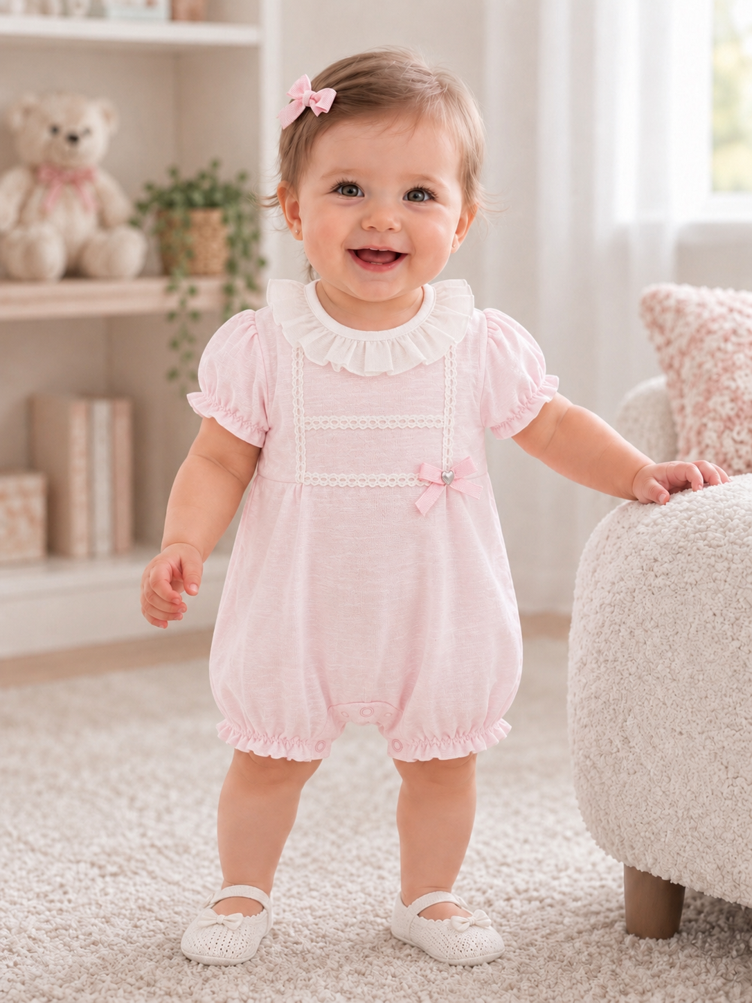 Girls Vintage Pink Ruffle Collar Bubble Romper