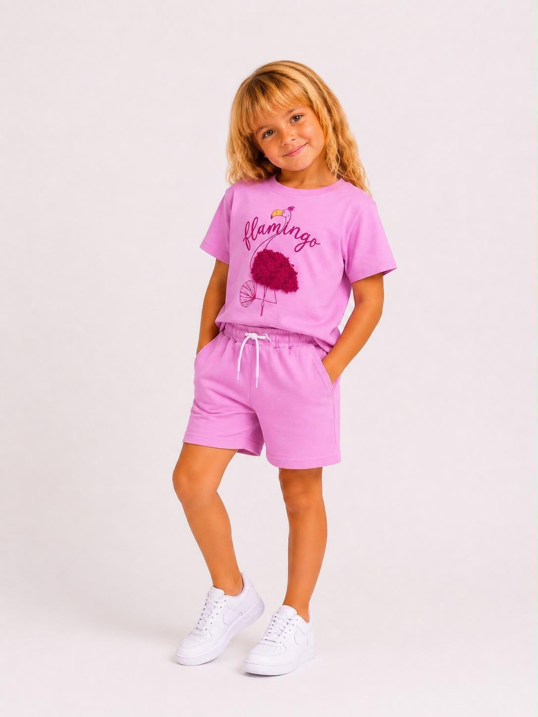 Girls Flamingo Shorts Set - Pink