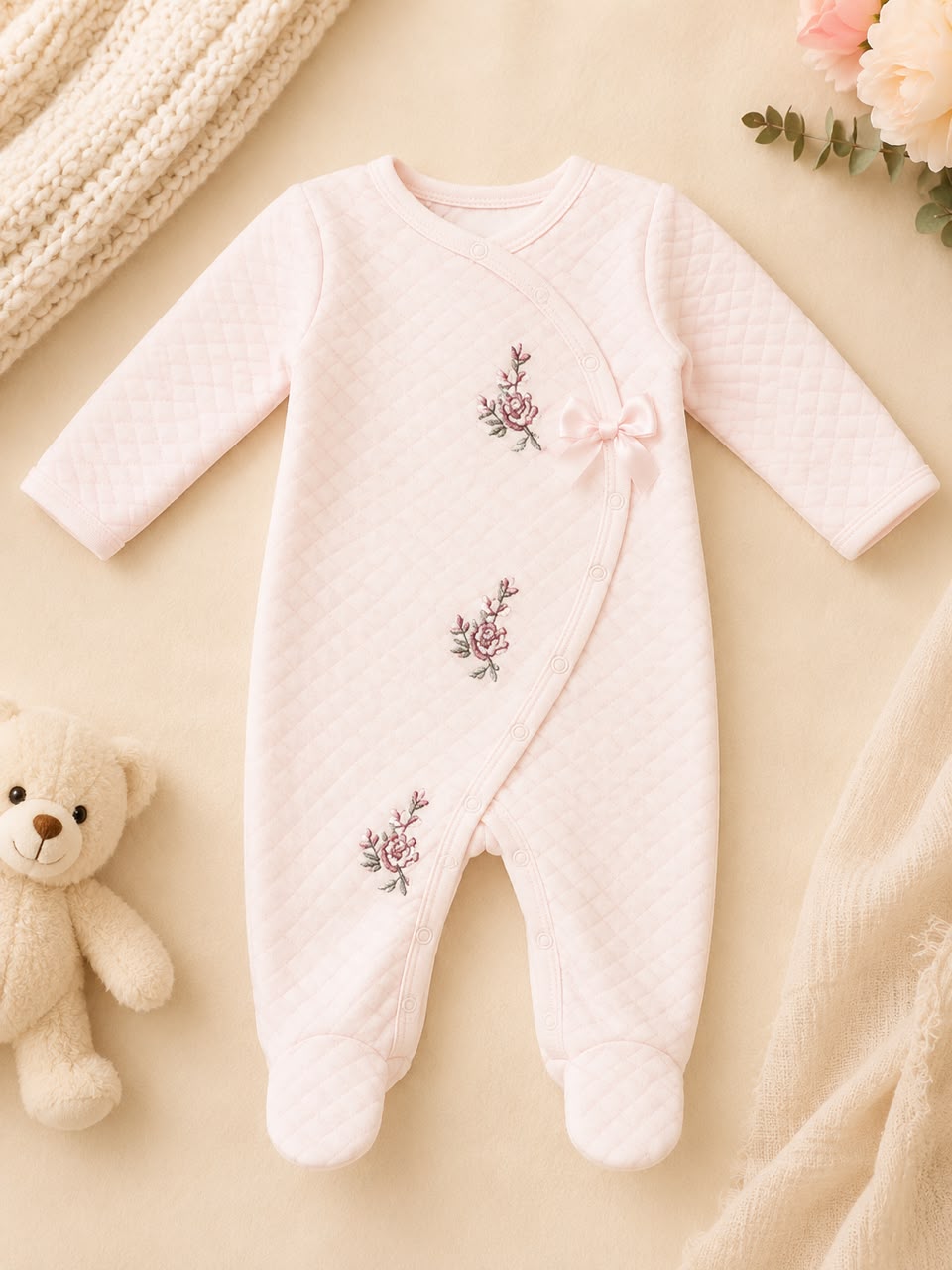Embroidered pink quilted baby overall