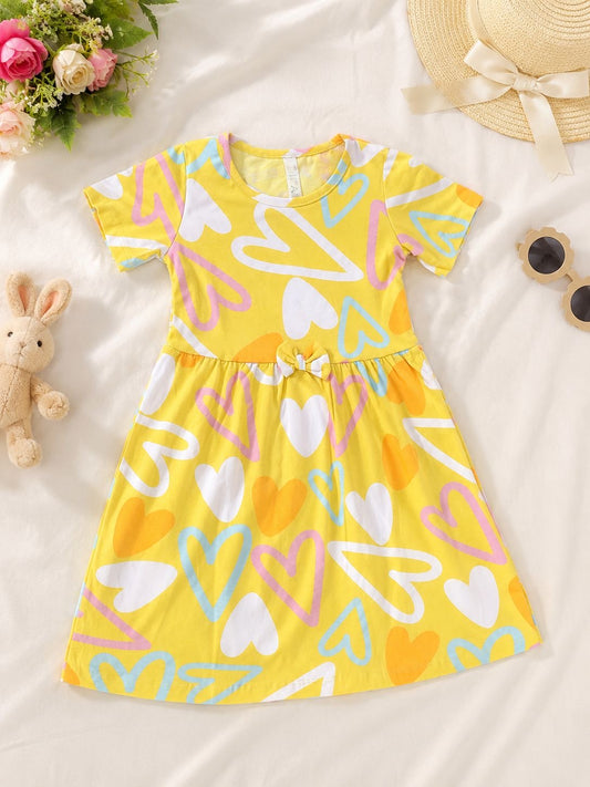 Girls Heart Print Bow Dress - Yellow