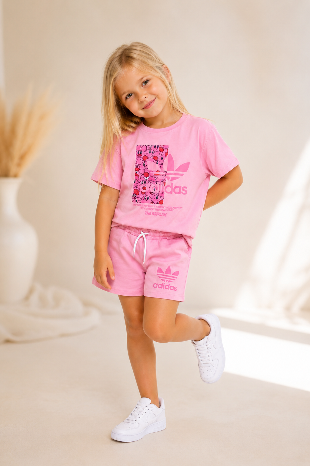 Girls Cotton Shorts Set - Adidas Print Pink