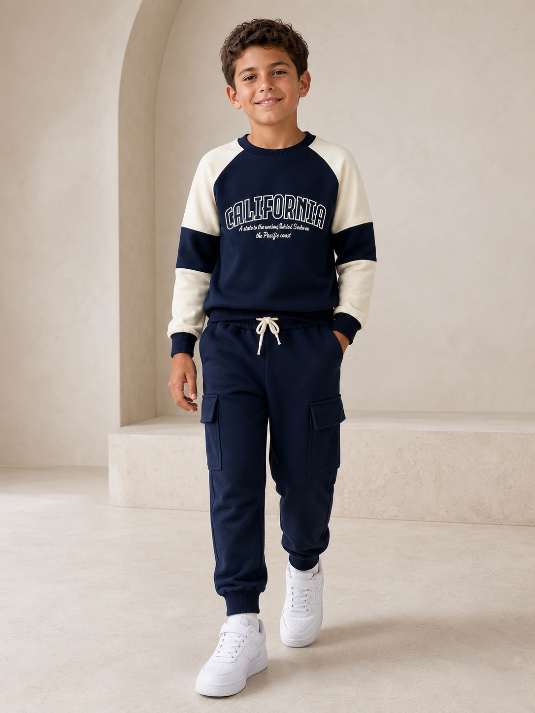 “California” Cotton Boys Tracksuit - Navy & Cream