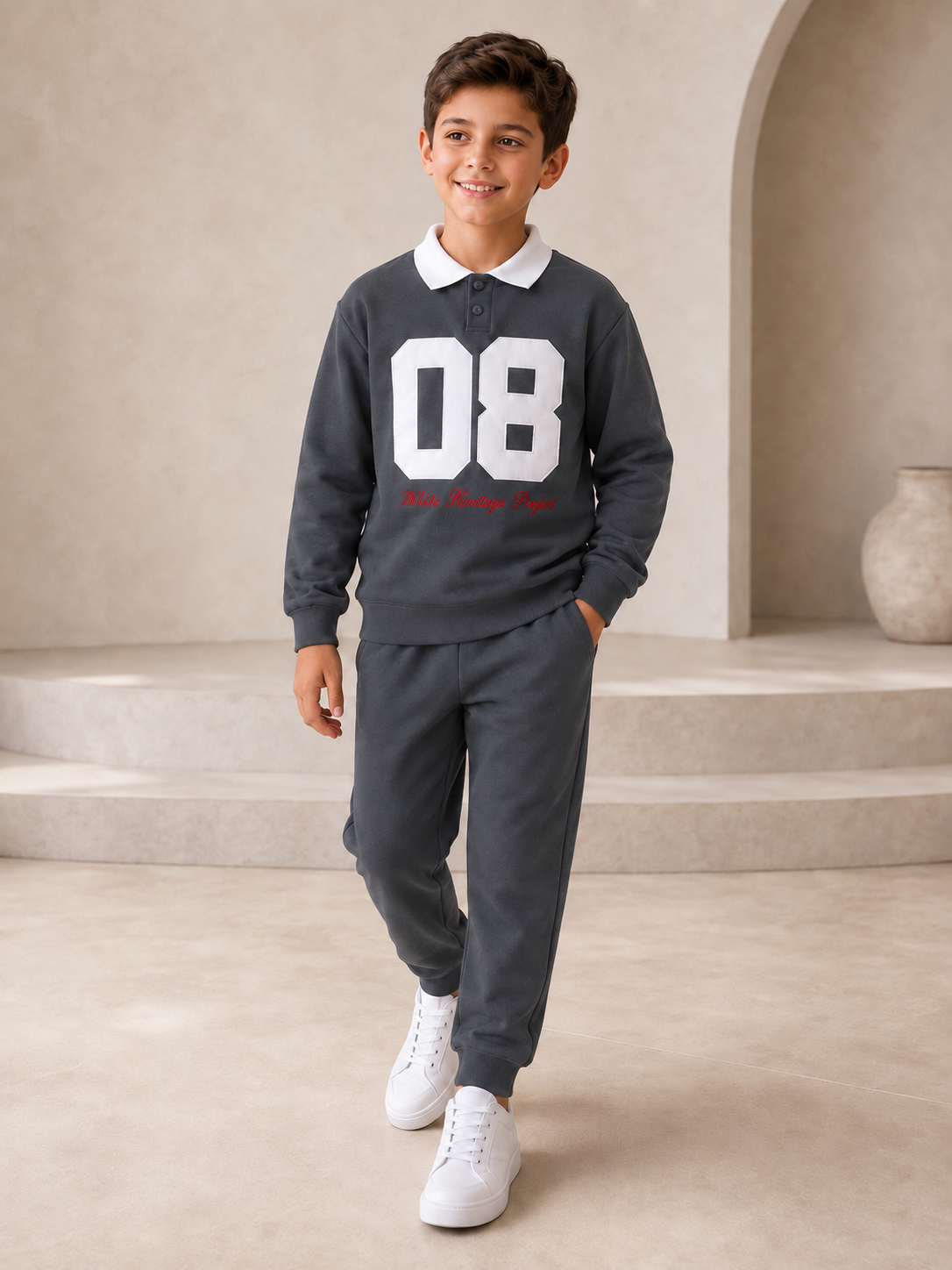 Polo Cotton Boys Tracksuit - Charcoal