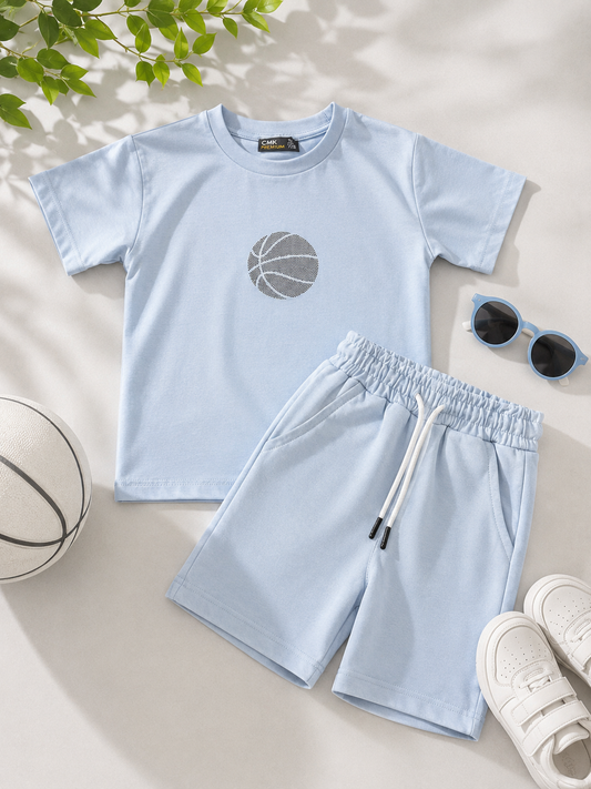 Boys Cotton Set |Basketball Print- light Blue