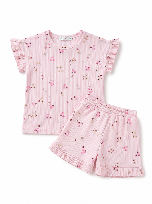 Girls Floral Ribbed Set - Pink