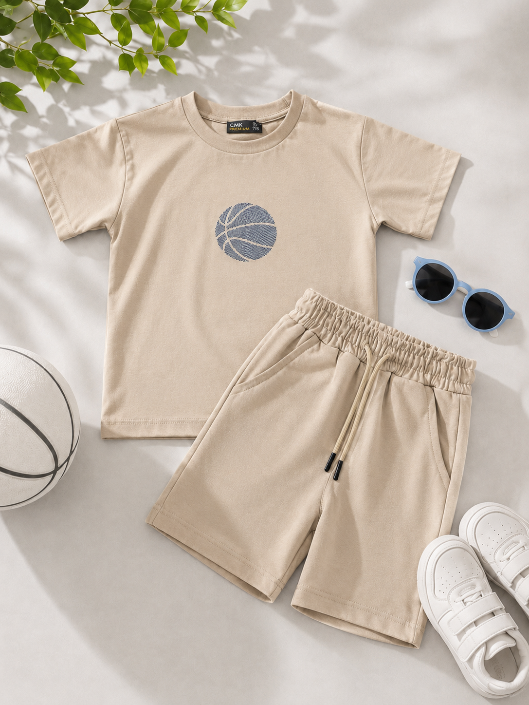 Boys Cotton Set |Basketball Print- Beige