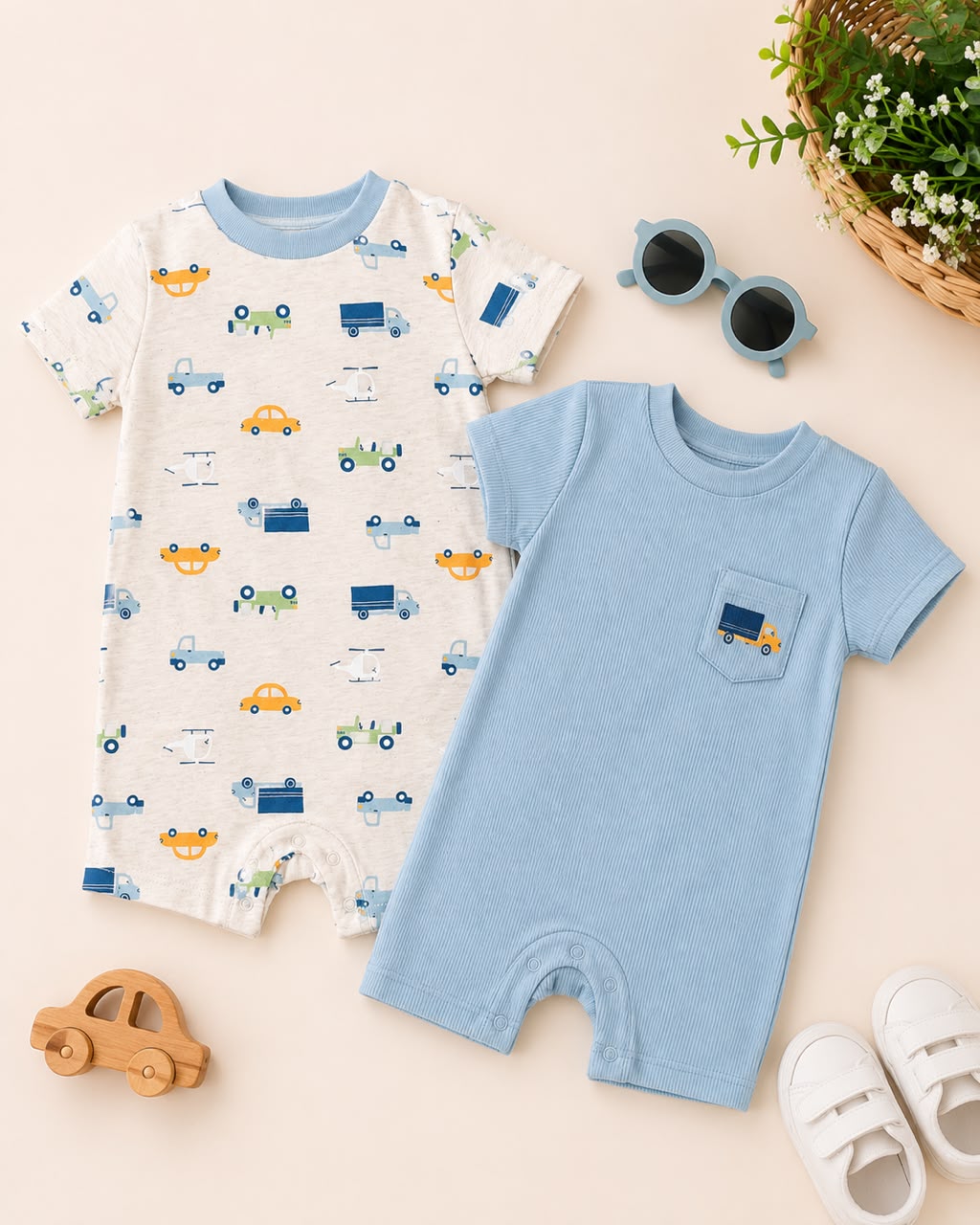 Baby Boy 2-Pack Cotton Rompers in Cars Print