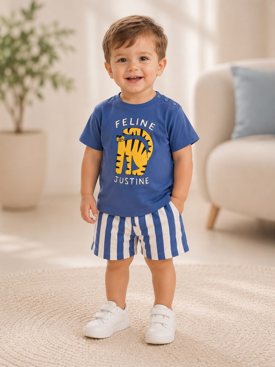 Tiger Striped Cotton Boys Set -Blue