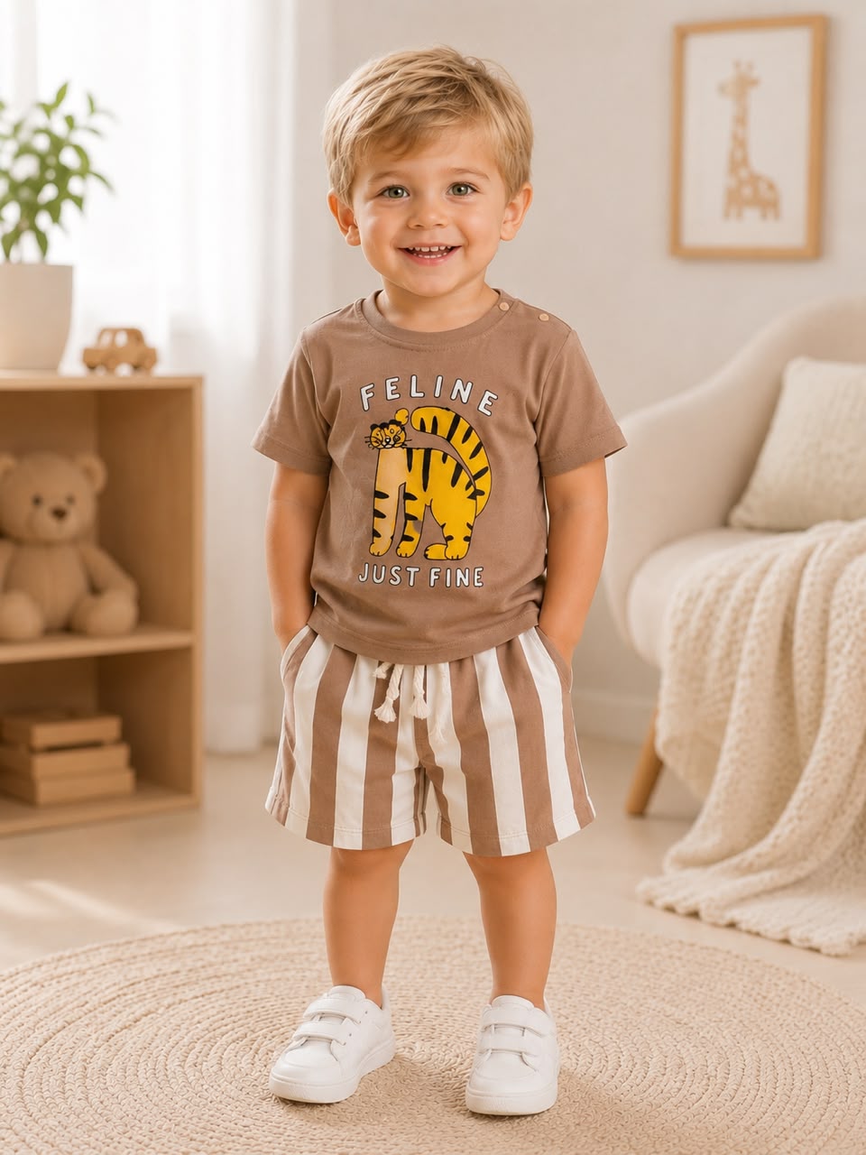 Tiger Striped Cotton Boys Set - Beige