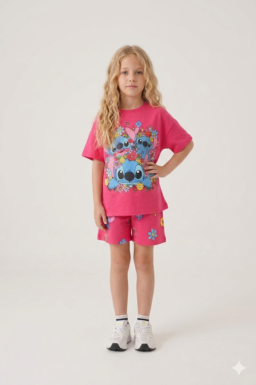 Girls Stitch Print Cotton Set - Fushia