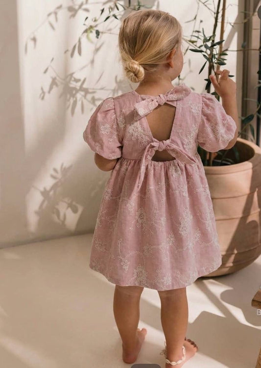 Girls Pink Floral Embroidered Puff Sleeve Dress