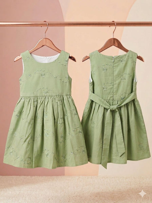 Green Embroidered Bow Dress