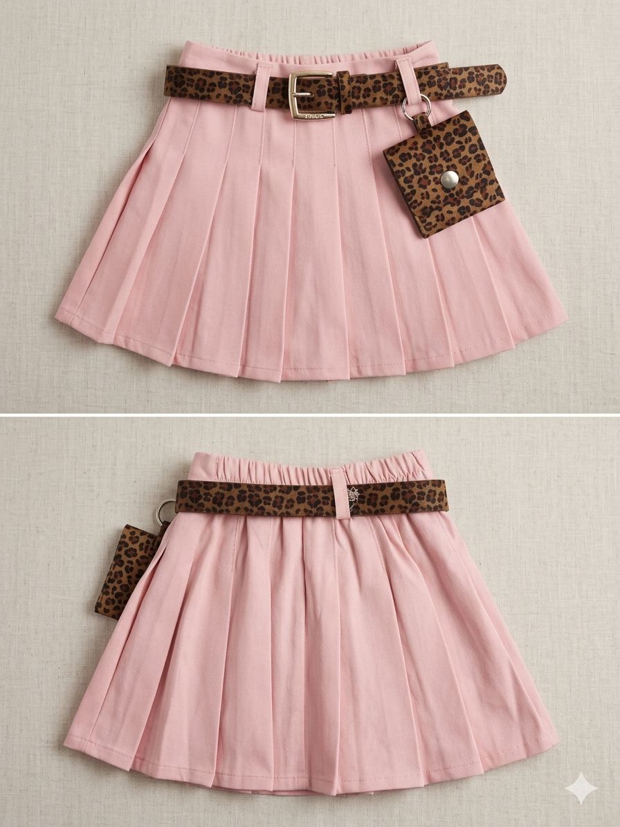 Girls Pink Pleated Skirt Set – Leopard Belt & Mini Bag