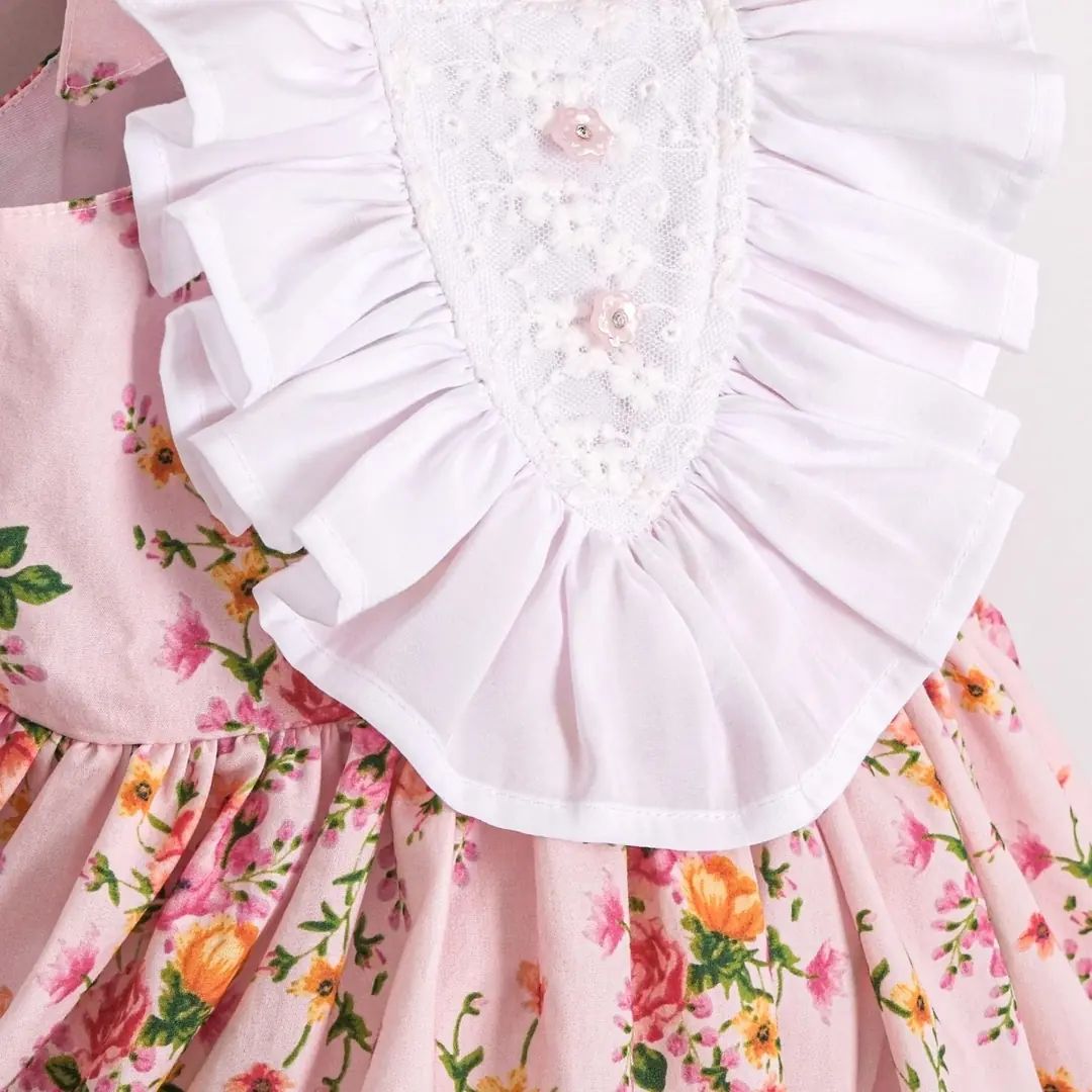 Girls Pink Floral Ruffle Bib Bow Dress