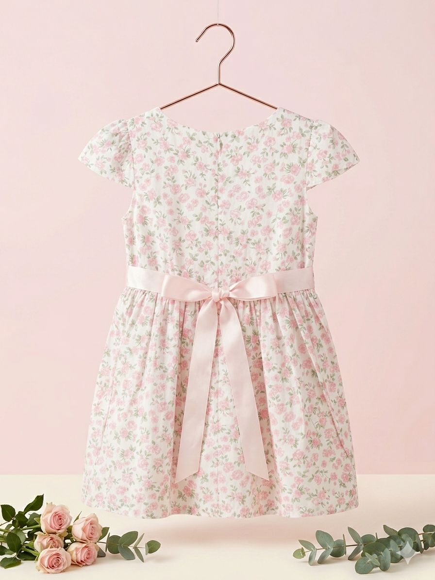Pink Floral Satin Bow Dress