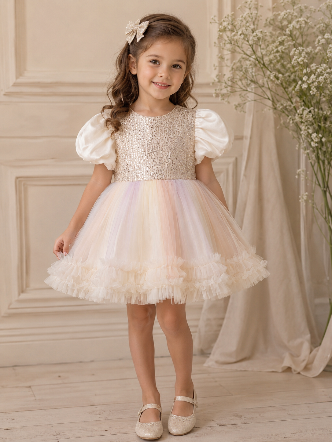 Girls Sequin Bow Tulle Dress