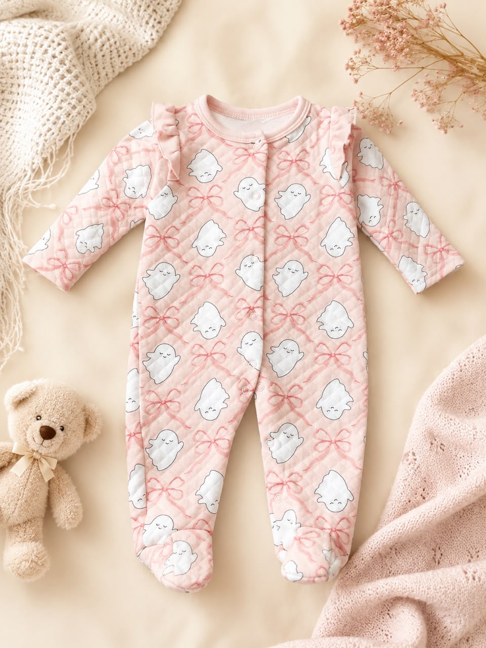 Bow Print Blush baby overall