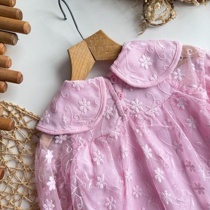 Charming Pink Floral Lace Long Sleeve Dress