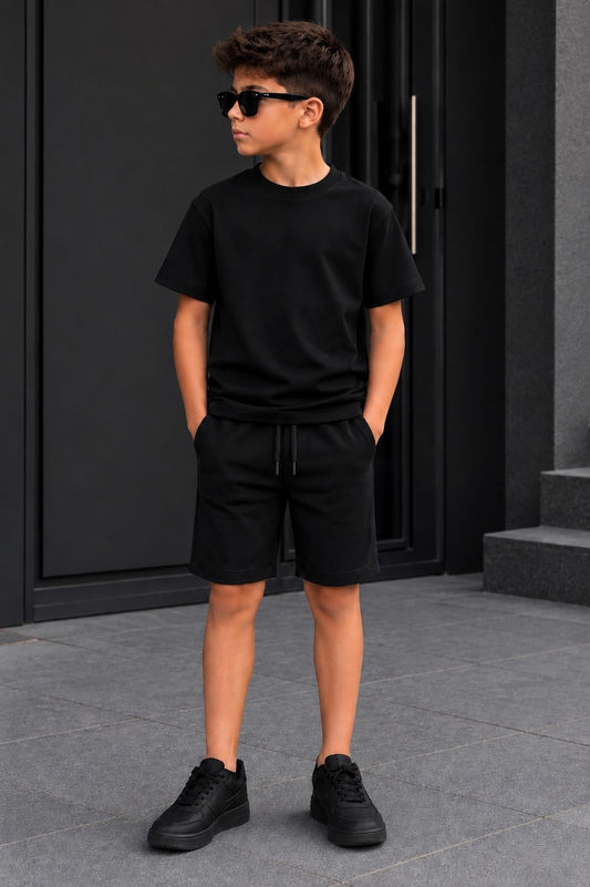 Boys Basic Black Set - T-Shirt & Shorts