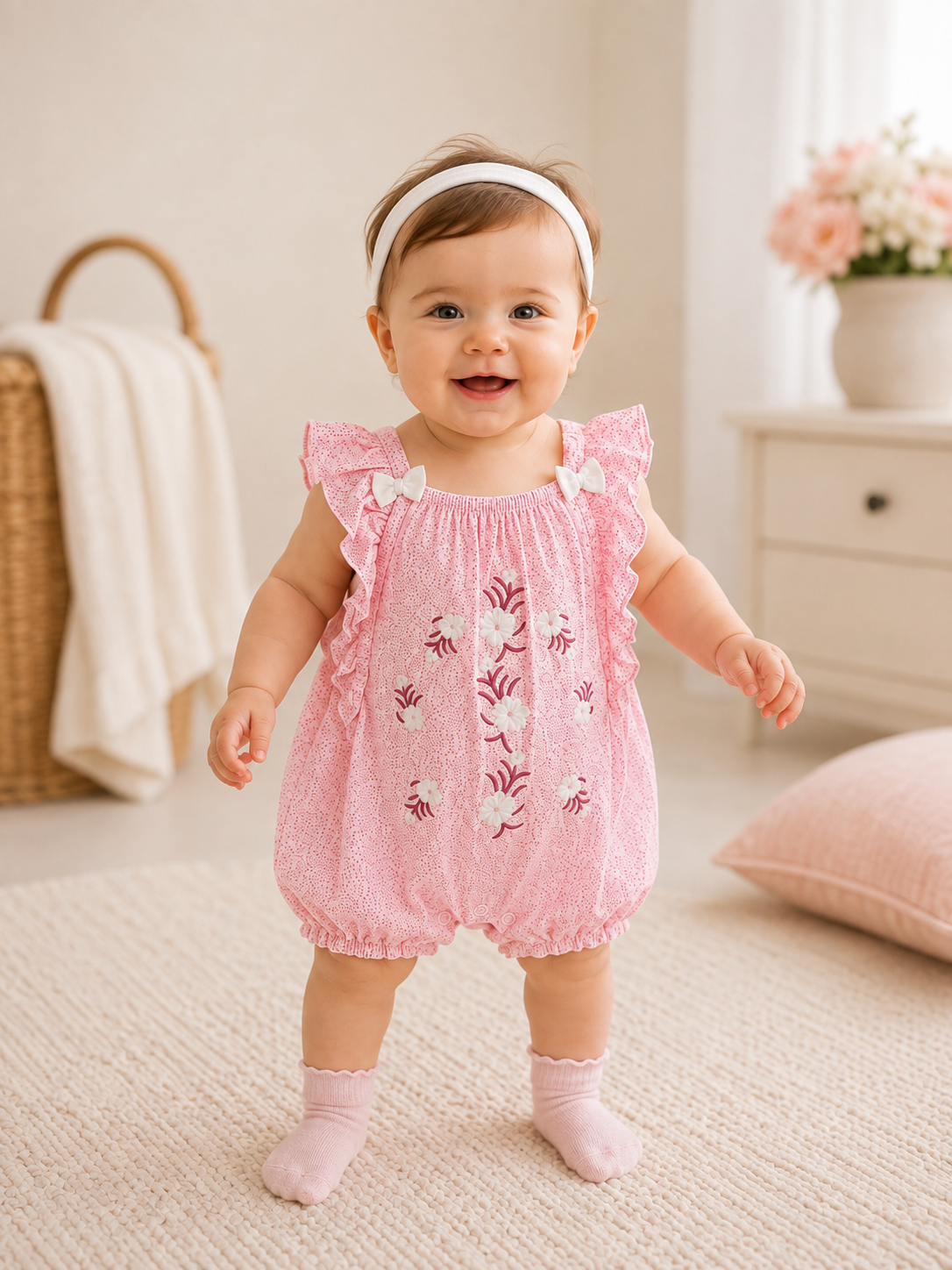 Girls Ruffle Strap Floral Jumpsuit + Headband