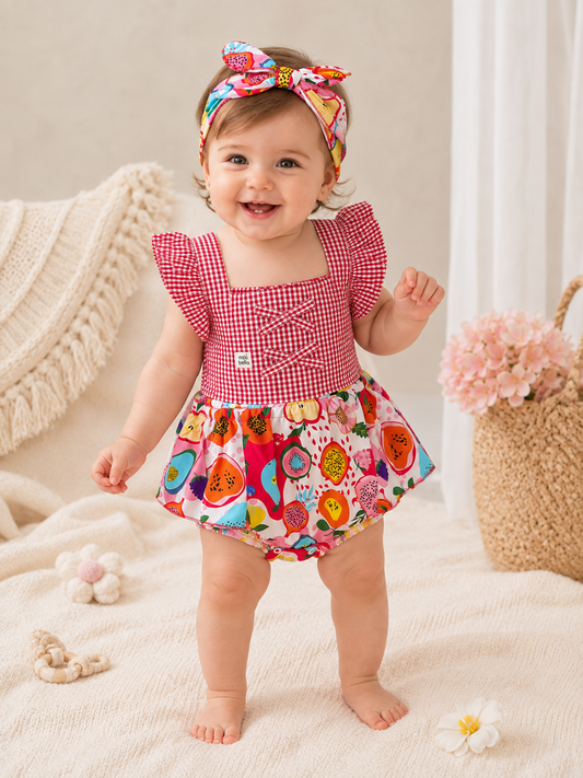 Girls Tropical Gingham Red Baby Outfit - 3 Piece Set