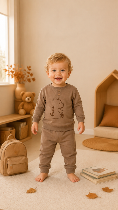 Little Bear Embroidered Baby Set – Sage & Mocha | Boys