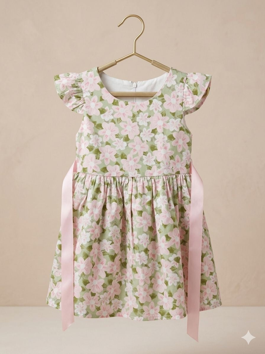 Girls Green Floral Flutter Sleeve Bow Dress