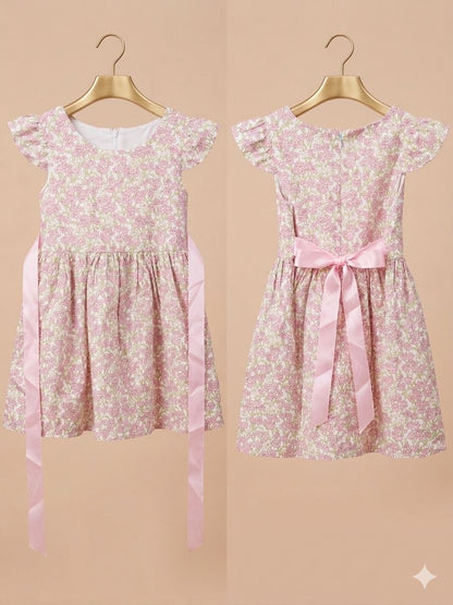 Girls Pink Floral Flutter Sleeve Bow Dress