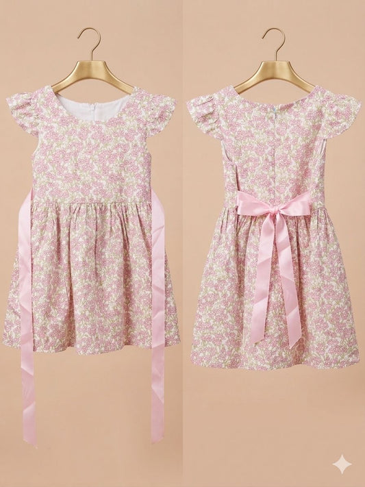 Girls Pink Floral Flutter Sleeve Bow Dress