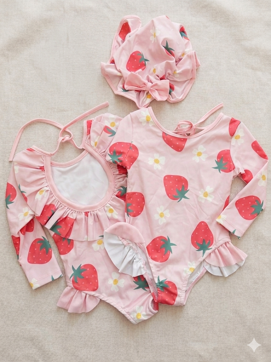 Strawberry Long Sleeve Girls Swimsuit Set