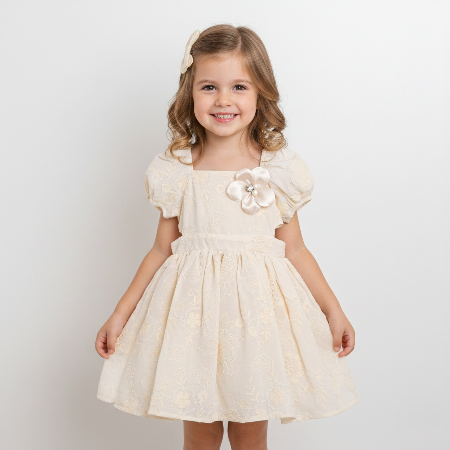 Girls Ivory Embroidered Puff Sleeve Dress