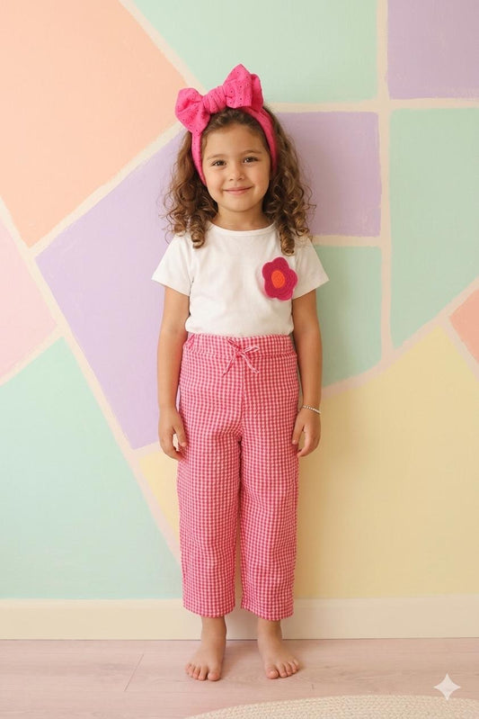 Girls Flower T-Shirt & Gingham Pants Set – Size 7-8 Years