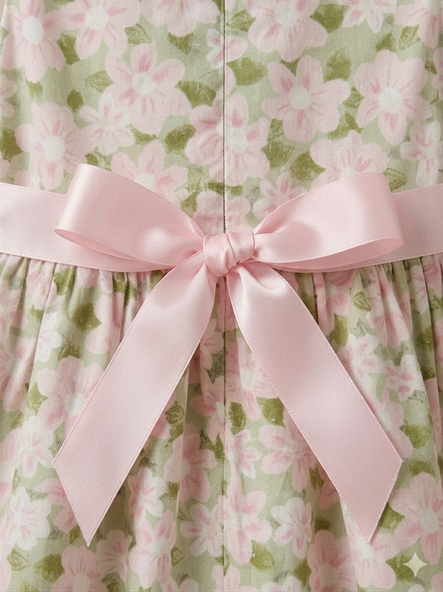 Girls Green Floral Flutter Sleeve Bow Dress