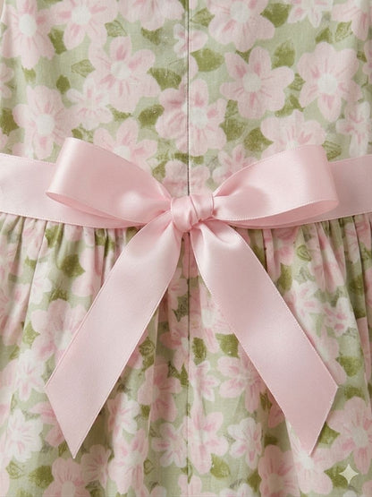 Girls Green Floral Flutter Sleeve Bow Dress