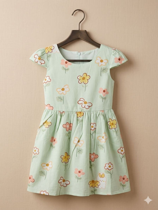 Girls Green Floral Flutter Sleeve Bow Dress