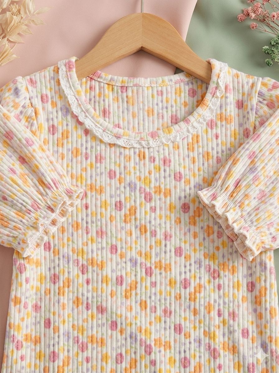 Floral Ribbed Puff Sleeve T-Shirt