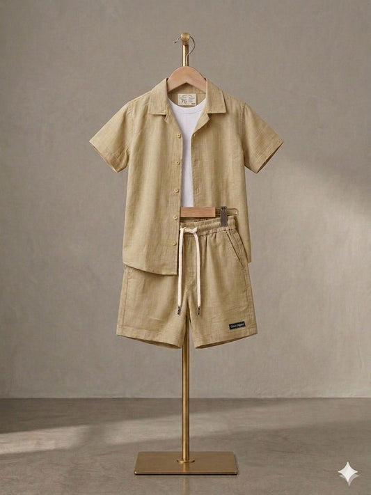 Boys Cotton Beige Camp Set - 3 Pieces