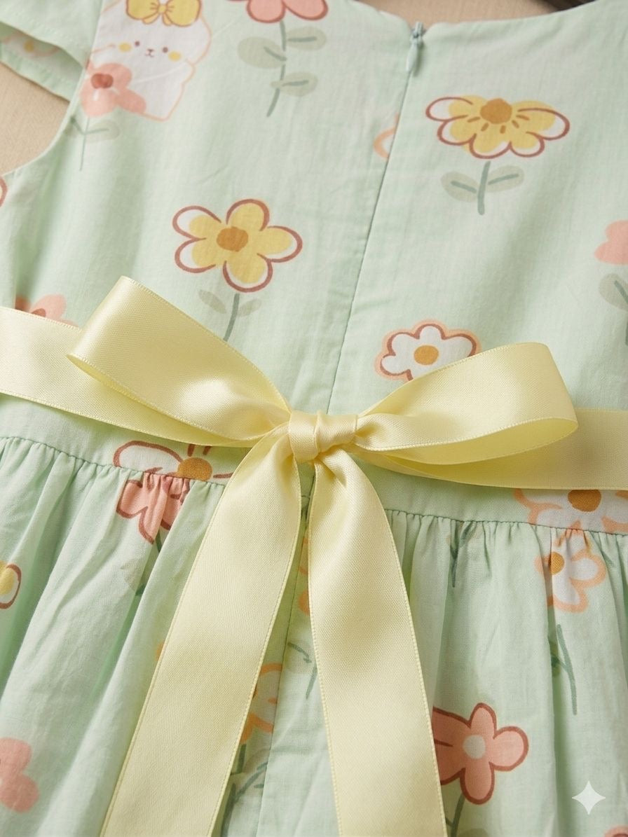 Girls Green Floral Flutter Sleeve Bow Dress