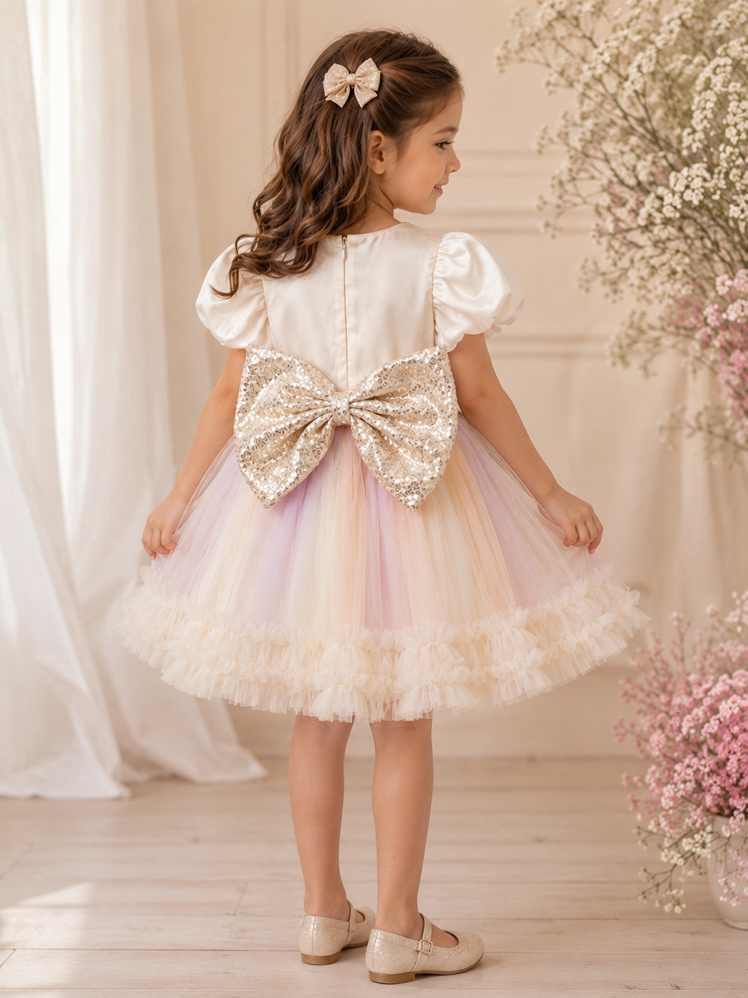 Girls Sequin Bow Tulle Dress