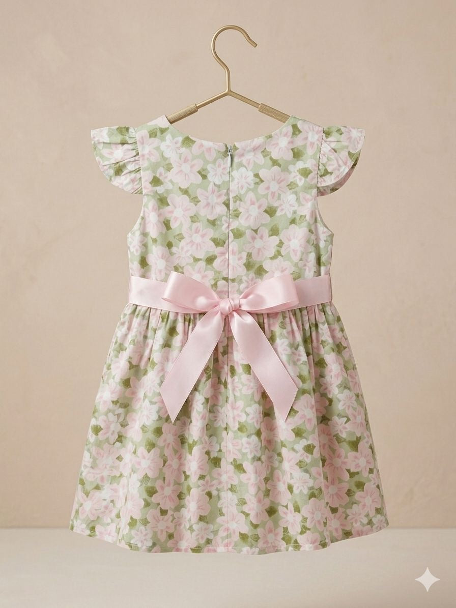 Girls Green Floral Flutter Sleeve Bow Dress