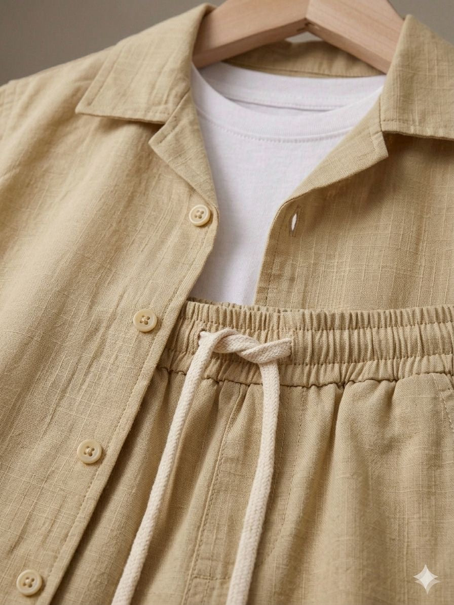 Boys Cotton Beige Camp Set - 3 Pieces