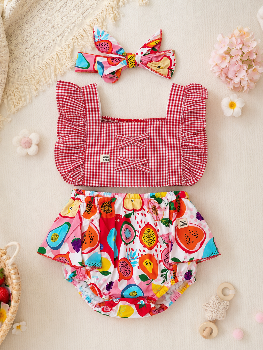 Girls Tropical Gingham Red Baby Outfit - 3 Piece Set