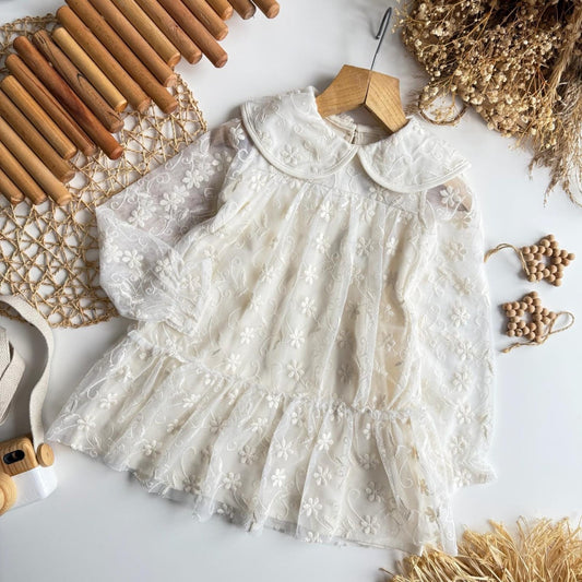Charming Pearl Floral Lace Long Sleeve Dress