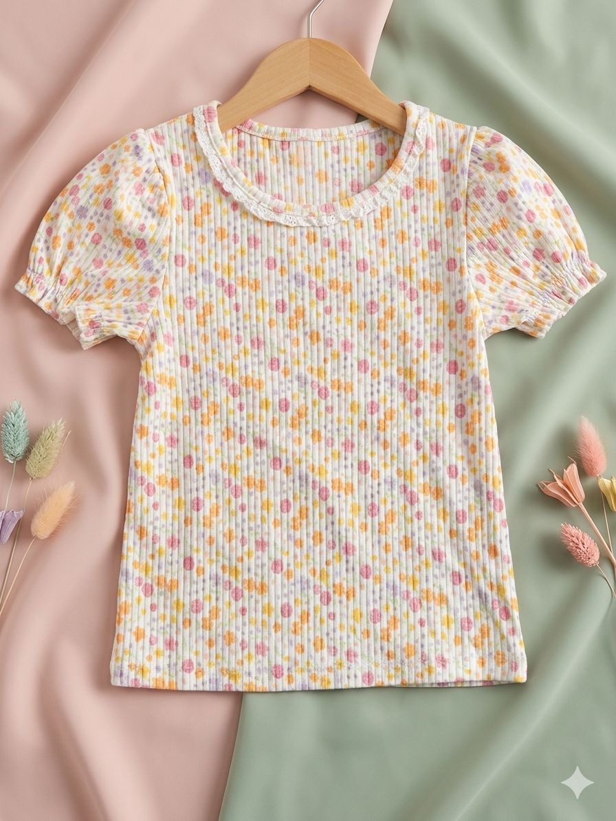 Floral Ribbed Puff Sleeve T-Shirt