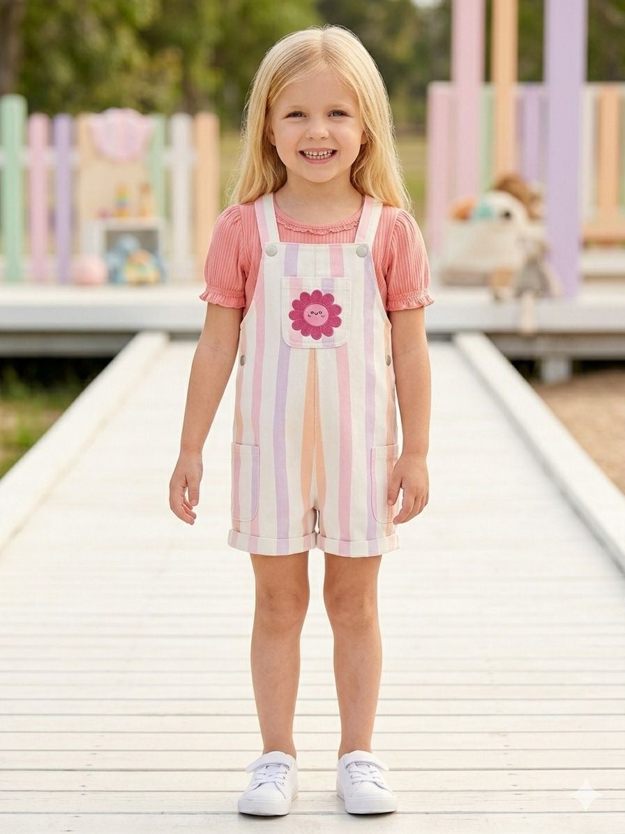 Mix & Match Pink Ribbed Top & Pastel Stripe Overalls