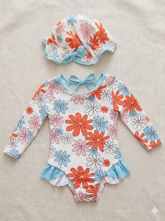 Floral Long Sleeve Girls Swimsuit Set